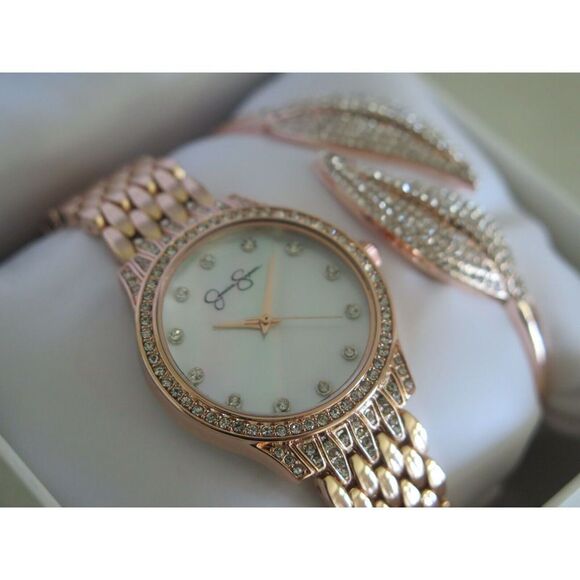 Jessica Simpson JSB8008RG Gold Crystal Leaf Hinged Bangle Watch Set $120 - Picture 6 of 9